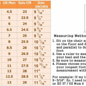 May include: Shoe size conversion chart with EU, UK, US Women's, US Men's, and sole measurements in inches and centimeters. Includes instructions for measuring feet to determine the correct shoe size. A diagram illustrates the foot measurement process.