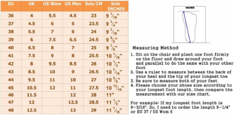 May include: Shoe size conversion chart with EU, UK, US Women's, US Men's, and sole measurements in inches and centimeters. Includes instructions for measuring feet to determine the correct shoe size. A diagram illustrates the foot measurement process.