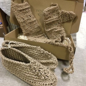 Knitted slippers and two hemp crochet washcloth, Hemp gift set in beautiful present box