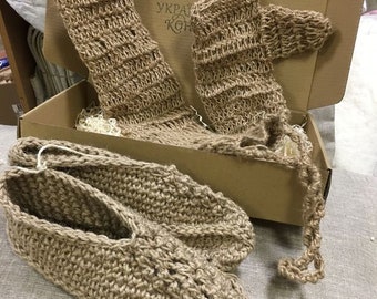 Knitted slippers and two hemp crochet washcloth, Hemp gift set in beautiful present box