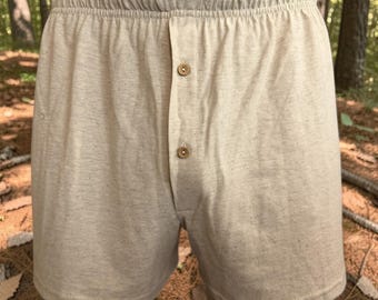 Men’s Hemp Boxer Shorts, Natural Knit Underwear, Elastic Waist Boxers with Button Fly