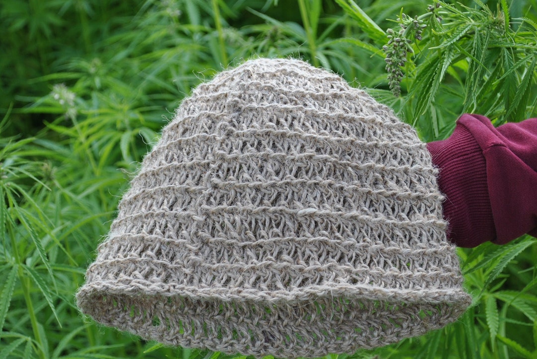 HAND CROCHETED HEMP YARN & WOOL HAT***purp & cream Handspun Crocheted Hat With Pom Pom Earflaps- PDF Pattern main image 3