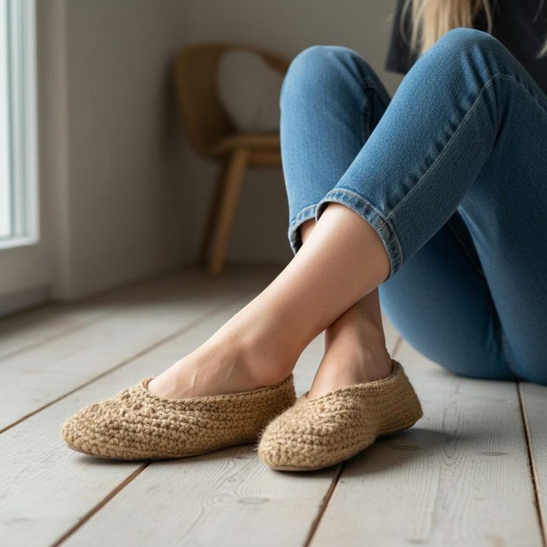 May include: A pair of beige crochet slippers. The slippers are made of a thick, textured yarn and have a rounded toe. The slippers are shown on a light wood floor.