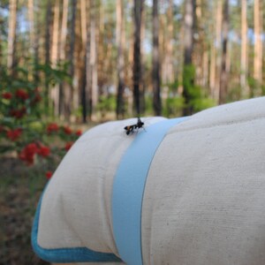 Pode incluir: Close-up de uma superf&iacute;cie acolchoada de cor clara com uma fita azul clara. Um pequeno inseto preto e amarelo repousa na fita. O fundo apresenta uma cena florestal desfocada com &aacute;rvores e bagas vermelhas.