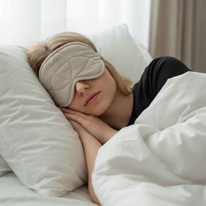 May include: A person wearing a light beige sleep mask with a quilted pattern, lying on a white pillow and under a white duvet. The sleep mask covers the eyes, suggesting relaxation and sleep. The scene is set in a bedroom.