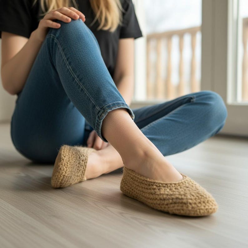 May include: A pair of beige crochet slippers. The slippers are made of a textured yarn and have a rounded toe design. The person in the image is wearing blue jeans and a black shirt.
