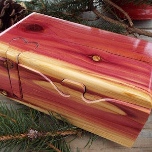 Red cedar puzzle box, live edge box w/ heart key, cedar stash, jewelry, band saw, treasure box, wood anniversary gift, gift for him/her image 1