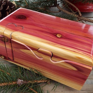 Red cedar puzzle box, &quot;live edge&quot; box w/ heart key, cedar stash, jewelry, band saw, treasure box, wood anniversary gift, gift for him/her