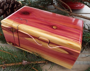 Red cedar puzzle box, "live edge" box w/ heart key, cedar stash, jewelry, band saw, treasure box, wood anniversary gift, gift for him/her