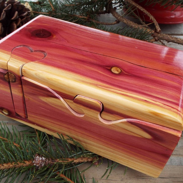 Red cedar puzzle box, "live edge" box w/ heart key, cedar stash, jewelry, band saw, treasure box, wood anniversary gift, gift for him/her