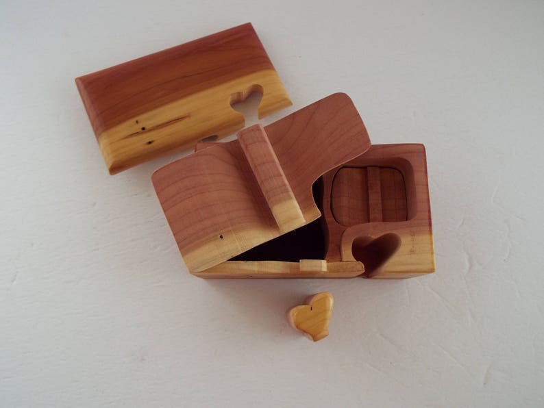 Red cedar puzzle box, live edge box w/ heart key, cedar stash, jewelry, band saw, treasure box, wood anniversary gift, gift for him/her image 3