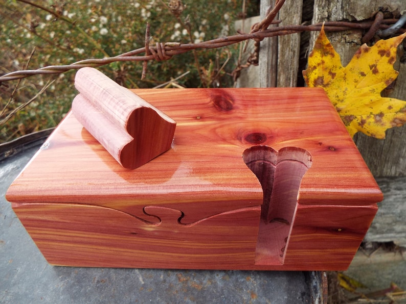 Red cedar puzzle box, live edge box w/ heart key, cedar stash, jewelry, band saw, treasure box, wood anniversary gift, gift for him/her image 6