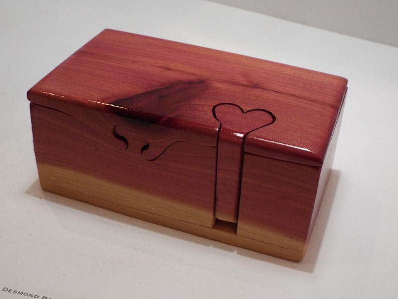 Red cedar puzzle box, live edge box w/ heart key, cedar stash, jewelry, band saw, treasure box, wood anniversary gift, gift for him/her image 7