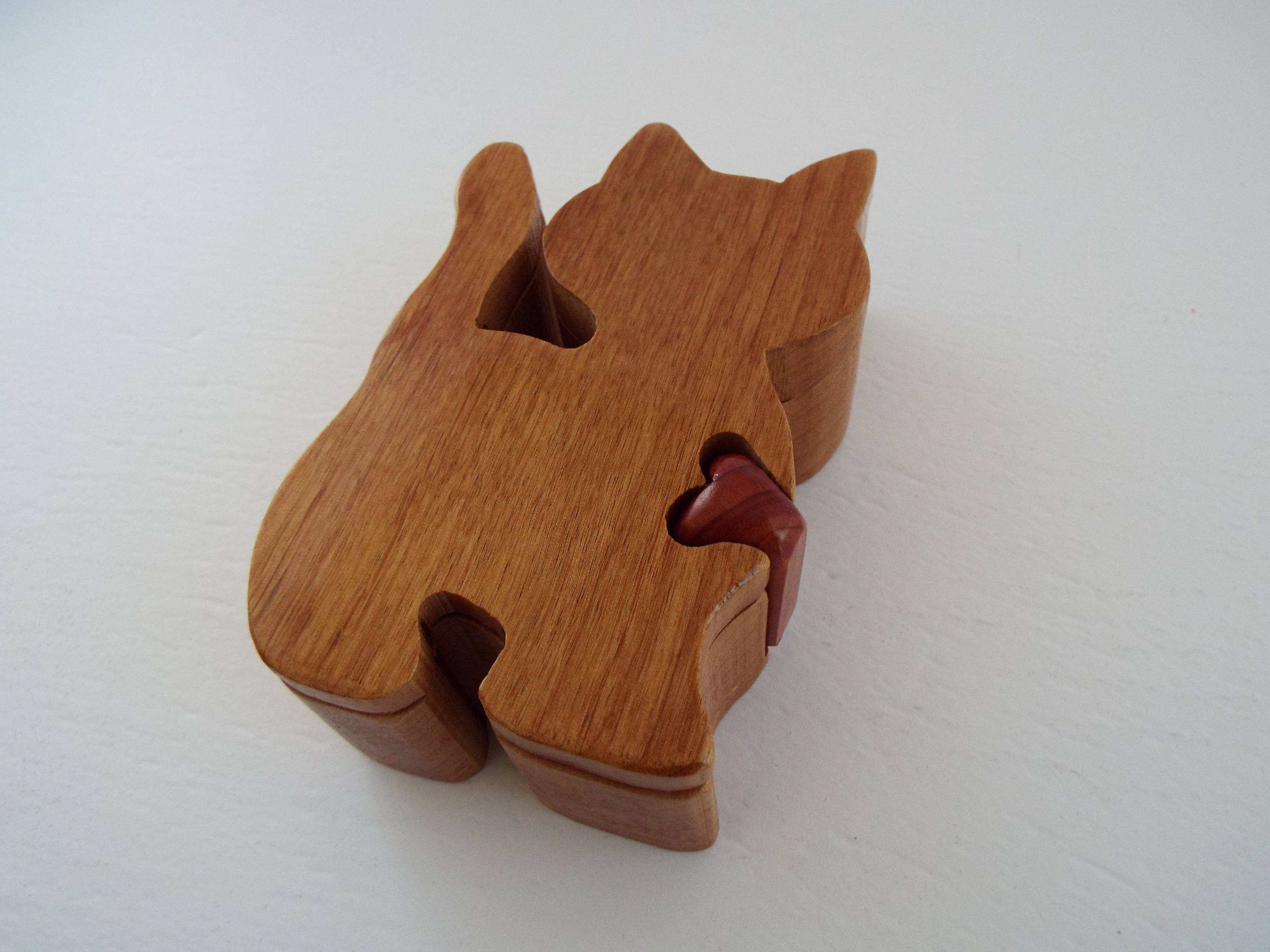 Handmade wooden cat puzzle box. Wooden cat figurine for the Etsy