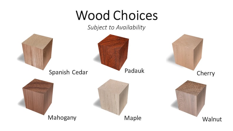 May include: Six wooden blocks, each a different wood type, are arranged in two rows of three. The wood types are Spanish Cedar, Mahogany, Maple, Padauk, Cherry, and Walnut. The text "Wood Choices" and "Subject to Availability" is above the blocks.