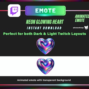 Puede incluir: Emotic&oacute;n de coraz&oacute;n de ne&oacute;n animado para Twitch, con fondo transparente. El dise&ntilde;o presenta un coraz&oacute;n brillante e iridiscente, perfecto para dise&ntilde;os de Twitch oscuros y claros. Incluye el texto "EMOTE" y "DESCARGA INSTANT&Aacute;NEA".