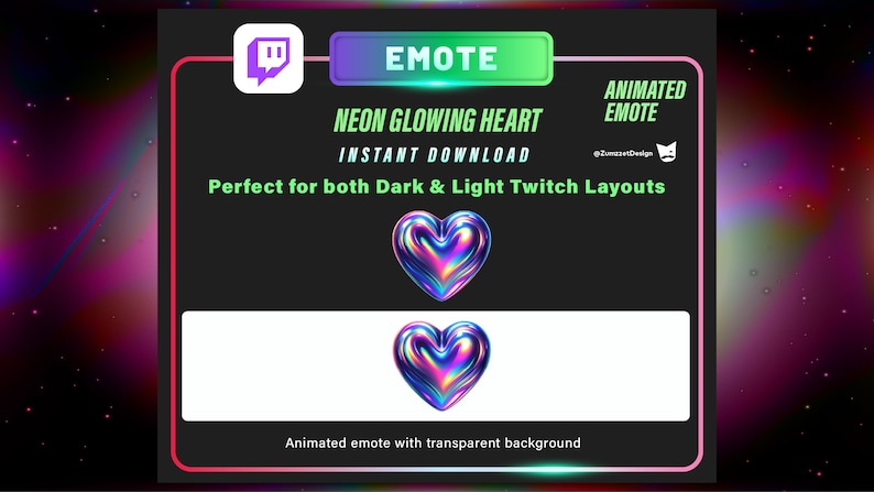 Puede incluir: Emotic&oacute;n de coraz&oacute;n de ne&oacute;n animado para Twitch, con fondo transparente. El dise&ntilde;o presenta un coraz&oacute;n brillante e iridiscente, perfecto para dise&ntilde;os de Twitch oscuros y claros. Incluye el texto "EMOTE" y "DESCARGA INSTANT&Aacute;NEA".