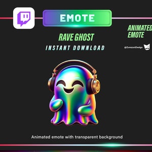 May include: Animated Twitch emote featuring a holographic, iridescent ghost wearing headphones. The ghost is smiling and has a transparent background. The text "RAVE GHOST" and "INSTANT DOWNLOAD" is displayed above the ghost.
