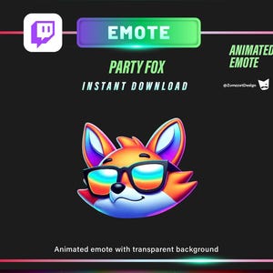 May include: Animated Twitch emote featuring a cartoon fox head wearing rainbow-tinted glasses. The design includes the text "PARTY FOX" and "INSTANT DOWNLOAD" on a black background with a transparent background option.