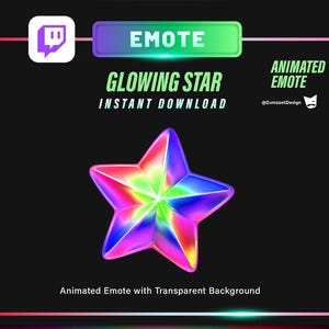 Può includere: Grafica digitale con una stella luminosa con sfumatura arcobaleno. La stella è l'elemento centrale, su sfondo nero con il testo "Glowing Star" e "Instant Download". L'immagine include anche la parola "Emote".