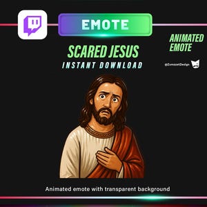 Op de afbeelding: Geanimeerde Twitch-emote met een cartoonafbeelding van Jezus met een angstige uitdrukking. De afbeelding bevat de tekst "Scared Jesus" en "Instant Download" op een zwarte achtergrond met een kleurrijke rand en een transparante achtergrondoptie.