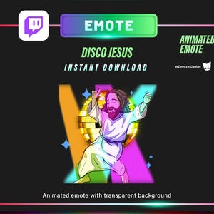 Könnte beinhalten: Animiertes Twitch-Emote mit einer Cartoon-Jesus-Figur, die mit einer Discokugel tanzt. Der Hintergrund ist ein lebendiger Regenbogen-Verlauf mit dem Text "Disco Jesus" und "Sofort-Download".