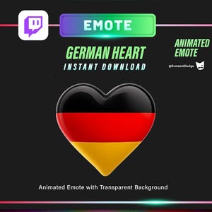 Könnte beinhalten: Animierter Emote mit einem Herz in den Farben der deutschen Flagge: Schwarz, Rot und Gelb. Das Design enthält den Text "GERMAN HEART" und "INSTANT DOWNLOAD" auf schwarzem Hintergrund, mit einem Twitch-Logo.