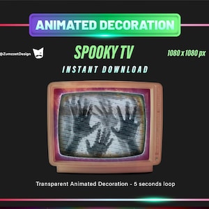 May include: Animated spooky TV decoration featuring a vintage television set displaying a looping animation of hands reaching out from the screen. The image is 1080 x 1080 pixels and is available for instant download.