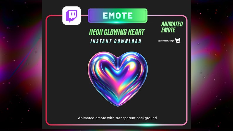 Puede incluir: Un emote animado de coraz&oacute;n brillante de ne&oacute;n con fondo transparente. El coraz&oacute;n es iridiscente con tonos de azul, rosa y amarillo. La imagen incluye el texto "EMOTE", "NEON GLOWING HEART" e "INSTANT DOWNLOAD".