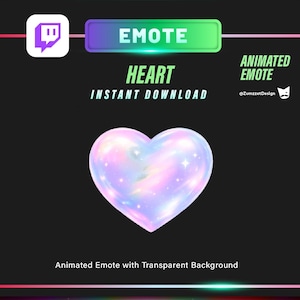 Puede incluir: Emoticono de corazón animado con fondo transparente. El corazón es de un color suave e iridiscente con reflejos y destellos. La palabra "EMOTE" está en la parte superior, y "HEART" está en el centro. La imagen también incluye el texto "DESCARGA INSTANTÁNEA".