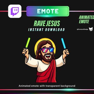 Könnte beinhalten: Animierter Emote mit Jesus, der Sonnenbrille und grünen und blauen Lichtschwertern trägt. Der Text lautet "Rave Jesus" und "Sofort-Download". Der Hintergrund ist schwarz mit einem bunten, verschwommenen Design.