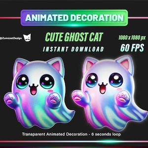 May include: Animated decoration featuring two cute ghost cats with large eyes and smiling faces. The cats have a colorful, iridescent design and are labeled as an instant download. The image is 1080 x 1080 pixels at 60 FPS.