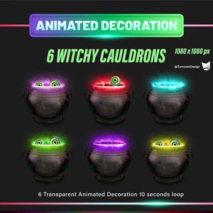 6 ANIMATED Witchy Cauldrons, Stream Decoration, Spooky Halloween Decoration, Vtuber Decoration Overlay, Streaming Assets, Creepy Stream