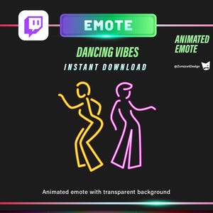 May include: Animated Twitch emote with a black background. It features two dancing figures in yellow and pink outlines. The text reads "DANCING VIBES" and "INSTANT DOWNLOAD". The emote is designed with a transparent background.