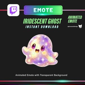 May include: An animated emote featuring a small, iridescent ghost with a purple and gold color palette, large dark eyes, and a smiling mouth. The text reads EMOTE, IRIDESCENT GHOST, INSTANT DOWNLOAD, ANIMATED EMOTE, @ZumazotDesign, and Animated Emote with Transparent Background.
