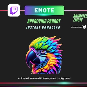 Puede incluir: Emote animado de Twitch con un loro colorido con un vibrante esquema de color verde, azul, amarillo y rosa. El loro mira hacia la derecha y tiene un pico negro. El texto "Approving Parrot" y "Instant Download" se muestra arriba del loro. El texto "Animated Emote" se muestra en la esquina superior derecha de la imagen.