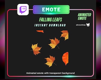 Op de afbeelding: Geanimeerde Twitch-emote met vallende herfstbladeren op een transparante achtergrond. De emote heeft de titel "Falling Leafs" met de tekst "Instant Download" eronder. De tekst "Animated Emote" staat in de rechterbovenhoek.