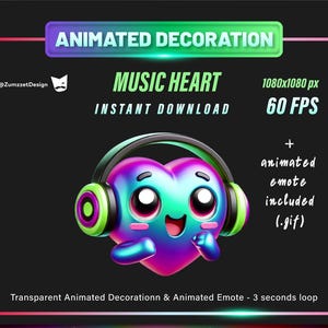 Op de afbeelding: Geanimeerd 3D-hart met koptelefoon, gloeit in roze, blauw en groen. Het hart heeft een glimlachend gezicht met grote ogen. De tekst "MUSIC HEART" en "INSTANT DOWNLOAD" wordt boven het hart weergegeven.