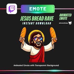 May include: Animated emote featuring a cartoon Jesus wearing sunglasses and holding two loaves of bread. The text reads "JESUS BREAD RAVE" and "INSTANT DOWNLOAD". The background is a colorful, space-themed design.
