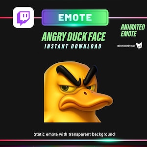 Puede incluir: Emoticón animado con la cara de un pato amarillo enfadado con cejas negras y un gran pico naranja. El emoticón está etiquetado como "Angry Duck Face" y está disponible para descarga instantánea. El fondo es negro con un diseño abstracto colorido.