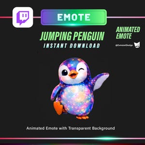 May include: A digital graphic featuring a winking penguin with a galaxy design. The penguin is winking and has its wing raised. The image includes the text "Jumping Penguin" and "Instant Download" with the Twitch logo.