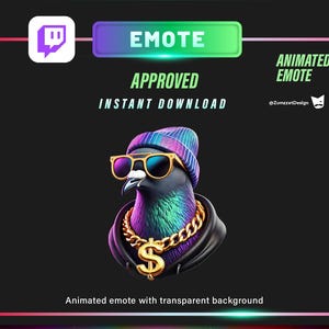 May include: Animated emote featuring a stylized pigeon wearing sunglasses, a beanie, and a gold chain with a dollar sign pendant. The emote is labeled "APPROVED" and "INSTANT DOWNLOAD" with a transparent background.
