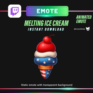 May include: Digital graphic of a melting ice cream cone in red, white, and blue, topped with a cherry. The image is labelled "Melting Ice Cream" and is designed as an animated emote for instant download.