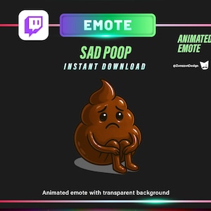 Könnte beinhalten: Animierter Emote mit einem traurigen braunen Kackhaufen-Charakter, mit dem Text "SAD POOP" und "SOFORT-DOWNLOAD". Das Design enthält ein Twitch-Logo und einen transparenten Hintergrund. Der Hintergrund ist ein farbenfroher Farbverlauf.