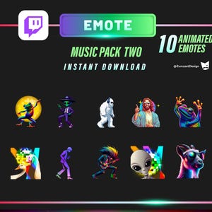 ANIMATED 10 Music Pack Emotes for Twitch, Streamer, Gaming, Streaming, Stream Emotes, Rave Emote, Music Emote, Party Emote