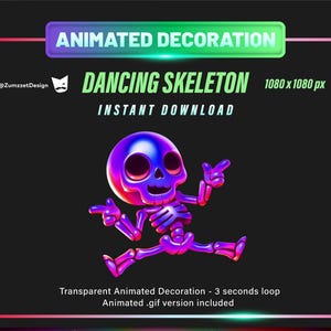 May include: Animated GIF of a purple and blue skeleton dancing. The skeleton is 1080 x 1080 pixels and is a transparent animated decoration. The GIF loops for 3 seconds.