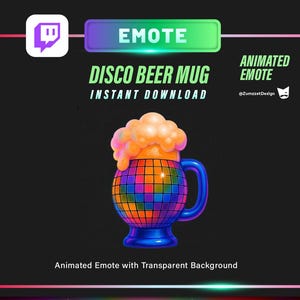 May include: Animated "Disco Beer Mug" emote with a transparent background. The mug is designed with a disco ball pattern and topped with foamy beer. The design includes the text "EMOTE" and "INSTANT DOWNLOAD".