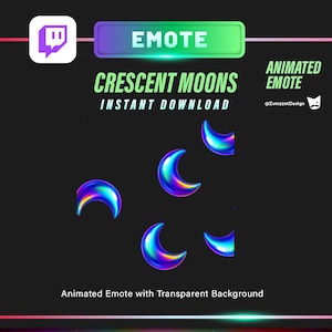 Pode incluir: Emote animado com luas crescentes em um fundo transparente. O design inclui várias luas crescentes com um gradiente de azul, roxo e amarelo. A palavra "EMOTE" está no topo e o logotipo da Twitch está no canto superior esquerdo.