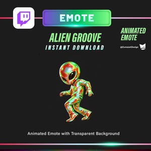 Op de afbeelding: Geanimeerde Twitch-emote met een kleurrijk alien-personage in een danshouding. De alien heeft een groot hoofd en draagt een bijpassende outfit. De tekst luidt "Alien Groove" en "Direct downloaden". De achtergrond is donker met een kleurrijk ontwerp.