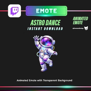 Può includere: Design di emote animata con un astronauta in tuta spaziale, con un casco a tema galassia e accenti viola, che balla. Il design include il testo "Astro Dance" e "Instant Download" su sfondo nero.